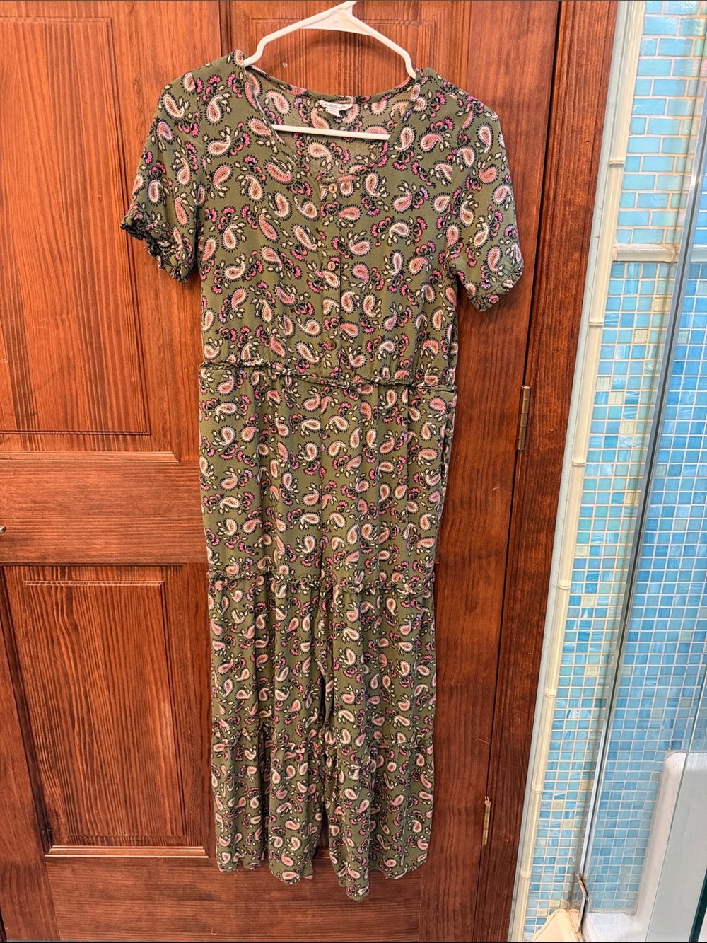 Kids Olive Paisley Short-Sleeve Jumpsuit